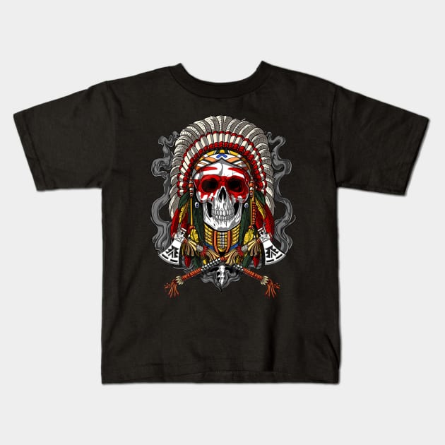 Native American Chief Skull Indian Headdress Kids T-Shirt by LaurieAndrew